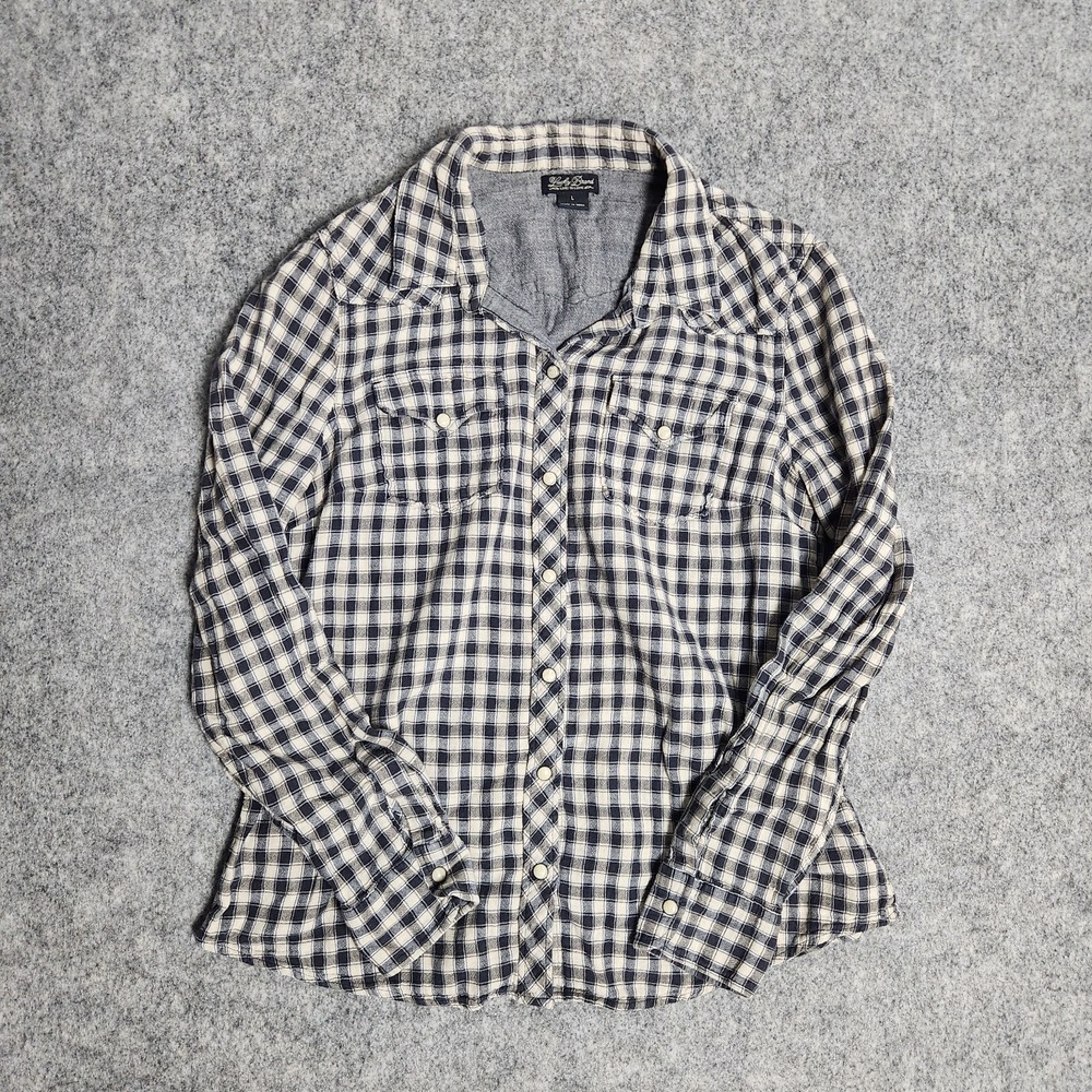 Brooks Brothers Pearl Snap Western Shirt Women L Gray Black Gingham Plaid Preppy